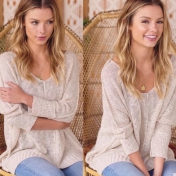 Cozy Cream V neck Side Slit Knit Sweater Top - Picture 2 of 3